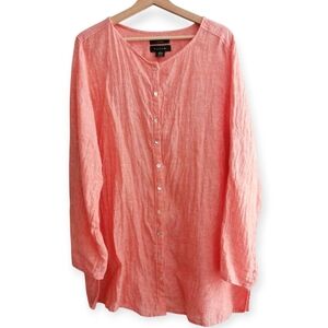 Tahari Linen Button Tunic Plus Size 2X Summer Coastal Lagenlook Orange Peach
